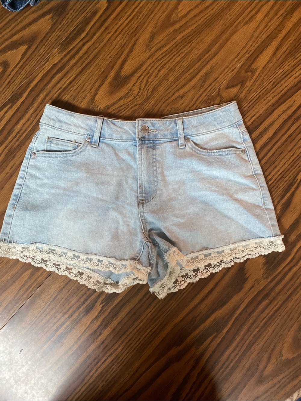 No Boundaries Light Wash Denim Shorts with Cream Lace Trim